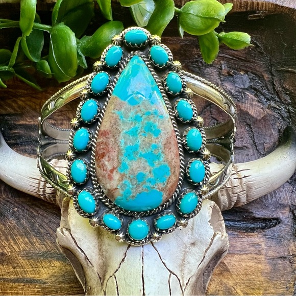 Hand Crafted Jewelry - 925 Sterling Silver Kingman Turquoise Statement Cuff w/ Butterfly Detail